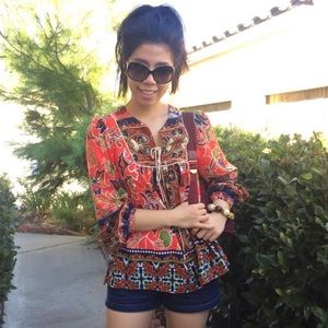 Orange Bohemian Peasant Top with Rope Ties